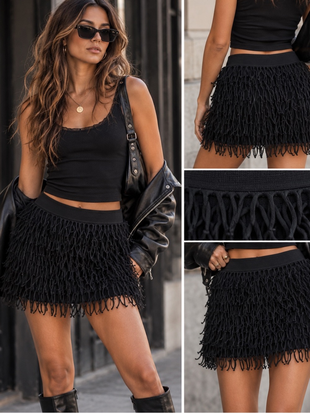 Pink Rose Black Mini Skirt with Fringe Texture